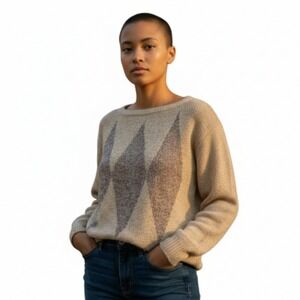 Western Connection Women's Silk/Angora Tan Argyle Knit Sweater Large Lightweight